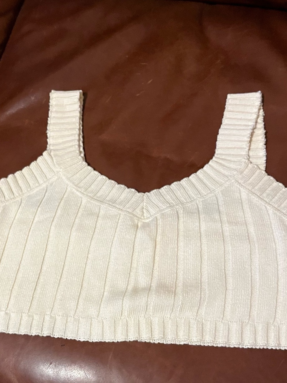 Cream Ribbed Knit Crop Top with Wide Straps